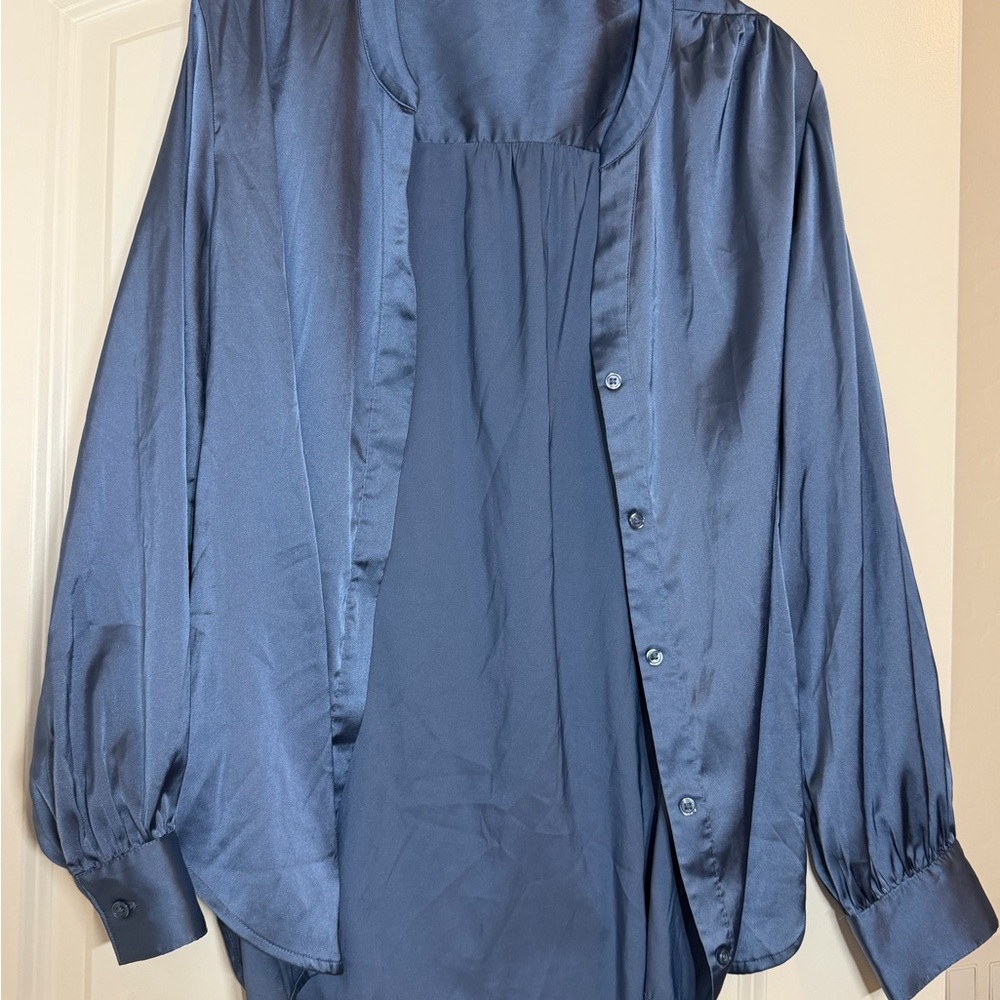 Maurices Blue Satin Long Sleeve Blouse Dressy Work Top Size L - Picture 2 of 5